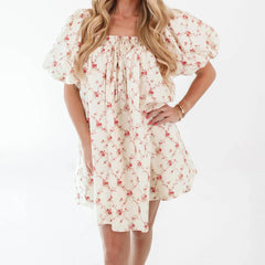 Puff Short Sleeve Floral Loose A-line Dress