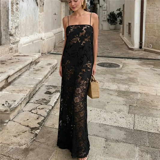 Spaghetti Strap Sheer Lace Maxi Dress
