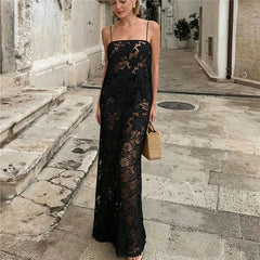 Spaghetti Strap Sheer Lace Maxi Dress