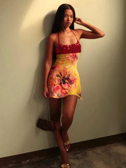 Yellow Floral Print Red Sequin Patchwork Mini Dress