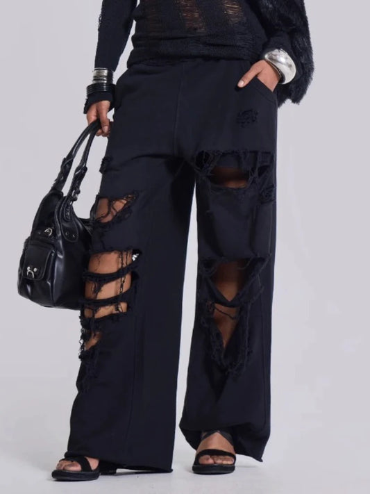 Black  Distressed Wide Sweatpants