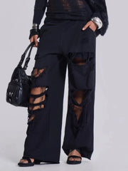 Black  Distressed Wide Sweatpants