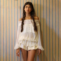 White Lace Trim Off-shoulder Ruffle Cuff Lantern Sleeve Top
