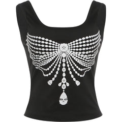 Black Tank Top With Diamond Tassel Print