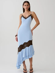 Lace Trim Ruffle Mermaid Hem Cami Midi Dress