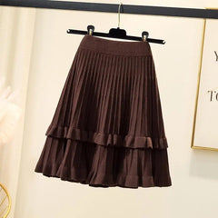 Knit Solid Elastic High Waist Ruffles Pleated Midi Skirt Free From Label