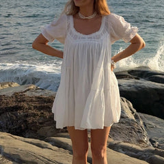 White Puff Sleeve Babydoll Mini Dress