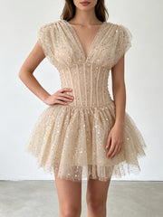 Sequin Tulle V-neck Mini Dress