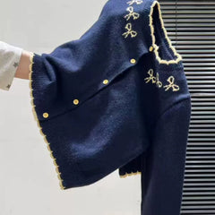 Jacquard Bow Round Neck Knitted Cardigan