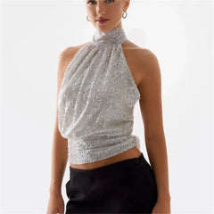 Silver Sequin Open Back Tie Up Top
