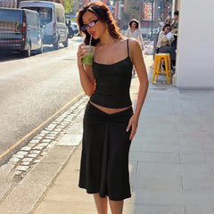 Spaghetti Strap Top And High Waist Ruched Midi Skirt Set
