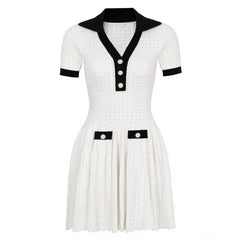 Contrast Trim Button Knit Collar Mini Dress
