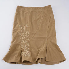 Embrodied Brown Pencil Midi Skirt