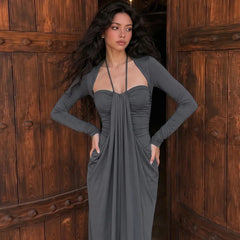 Long Sleeve Draped Tie Neck Maxi Dress
