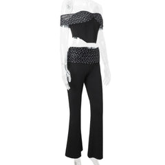 Black Polka Dot Crop Corset And Flare Pants Set