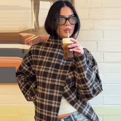 Plaid Asymmetric Button Stand Collar Jacket