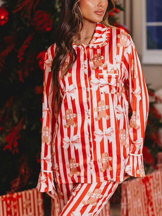 Satin Gingerbread Print Long Sleeve Shirt And Wide Leg Pants Pajamas Set