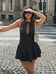 Black Polka Dot  Lace-up Cut Out Mini Dress