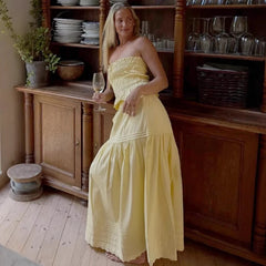 Yellow Ruched Strapless Crop Top And Maxi Skirt Set