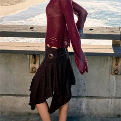 Brown Lace Bead String Belt Irregular Hem Skirt