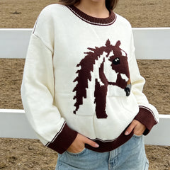 Round Neck Horse Head Print Sweater