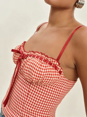 Ribbion Strap Gingham Crop Top