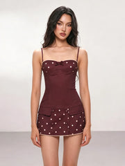 Square Neck Button Applique Polka Dot Mini Dress