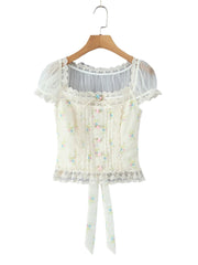 Floral Bow Tied Sheer Short Sleeve Top