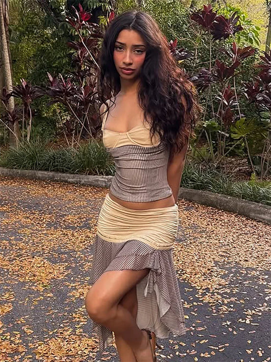 Stripe Patchwork Square Collar Tank Top With Tiered Irregular Hem Midi Skirt Set