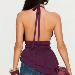 Halter Deep V Neck Peplum Backless Top