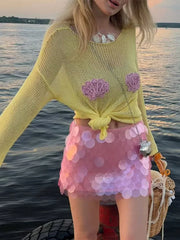 Sheer Shell Embroidered Yellow Knit Long Sleeve Top