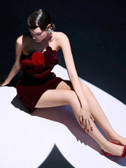 Red Velvet Strapless 3D Heart Patchwork Mini Dress