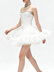 Beaded Neck Strapless Corset Tulle Flare Mini Dress