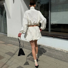 Zipper Lapel Jacket And Matching Puff Mini Skirt Set
