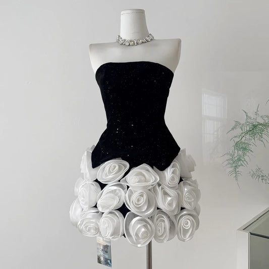 Black Strapless Top And 3D Rose Mini Skirt  Set