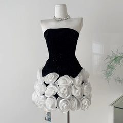 Black Strapless Top And 3D Rose Mini Skirt  Set