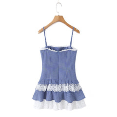 Blue Plaid Short  Lace Hem Cake Sling Dress