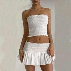 Fashion White Mini Skirt Suit Women's Sexy Sleeveless Strapless Navel Top Ruched Skirt Summer New Outfits - Free From Label