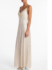 Satin Print Polka Dot 3D Flowers Maxi Dress