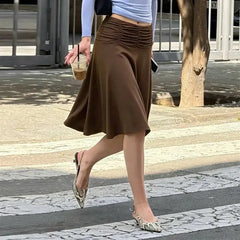 Brown Pleated Waist Midi Skirt