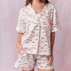 Heart Print Short Sleeve Lapel Neck Shirt with Pocket And Shorts Loungewear Pajamas Set