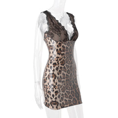 Lace V-Neck Leopard Sequin Mini Dress