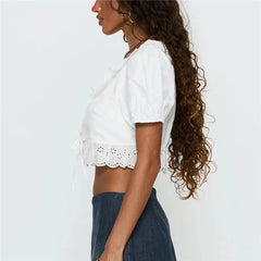 Lace Trim Puff Sleeve Tie Up Front Crop Top