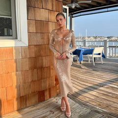 Long Sleeve Sequin Hollow Out Maxi Dress