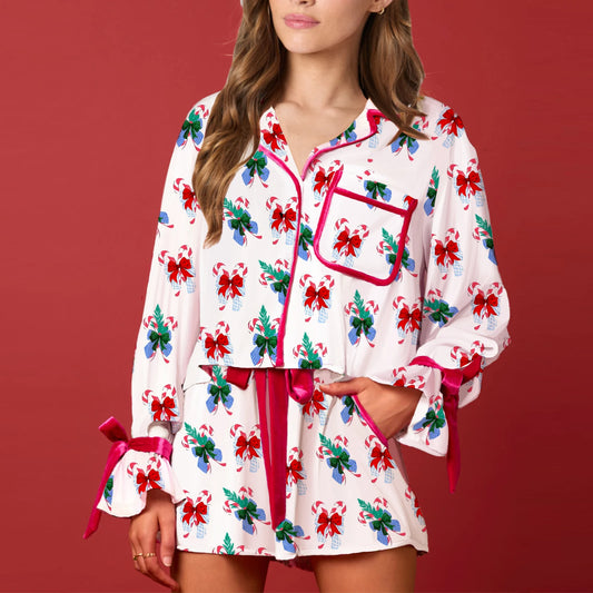 Christmas Long Sleeve Santa Claus Print Top with Elastic Waist Shorts Pajamas Set