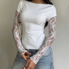 White Lace Long Sleeve Patchwork Top