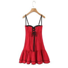 Red Front Button Hem Ruffle  A-line Mini Dress
