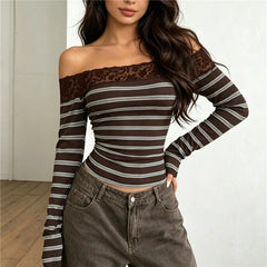 Brown Off-Shoulder Striped Lace Trim Long Sleeve Top