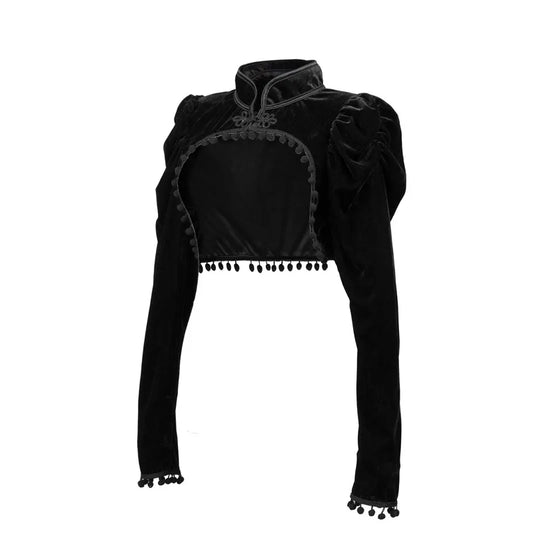 Black Tassel Stand Collar =Medieval Gothic Crop Sleeves Coat