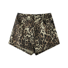 Leopard Print Denim Button Dropped Zippers Women Shorts